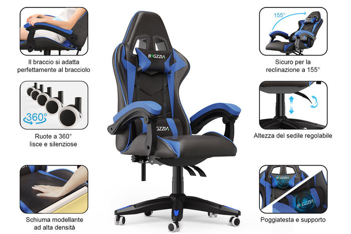 Sedia gaming ergonomica - RATTANTREE - con Supporto Lombare Sedia da Gioco in Pelle Pu con Altezza Regolabile - Bleu