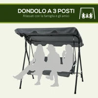 Dondolo 3 Posti con Tettuccio Regolabile e Cuscini, in Acciaio e Poliestere, 172x110x153 cm, Grigio