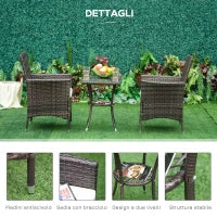 Set Mobili da Giardino Rattan Set Arredamento Giardino 3pz Tavolo con 2 Sedie con Cuscini Marrone