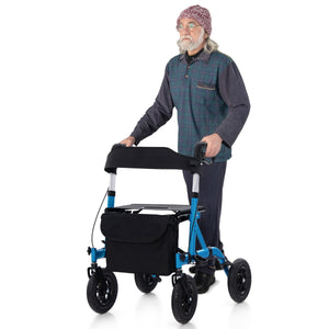 Rollator walker regolabile in altezza con seduta ruota pneumatica da 24 cm borsa portaoggetti, Rollator pieghevole Blu-Salute e bellezza