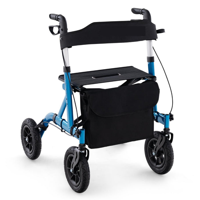 Rollator walker regolabile in altezza con seduta ruota pneumatica da 24 cm borsa portaoggetti, Rollator pieghevole Blu-Salute e bellezza