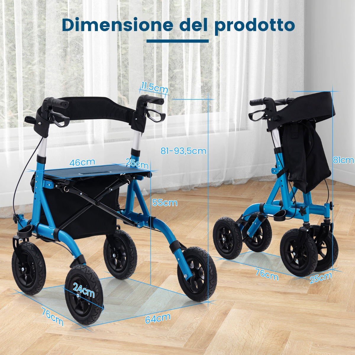 Rollator walker regolabile in altezza con seduta ruota pneumatica da 24 cm borsa portaoggetti, Rollator pieghevole Blu-Salute e bellezza
