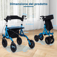 Rollator walker regolabile in altezza con seduta ruota pneumatica da 24 cm borsa portaoggetti, Rollator pieghevole Blu-Salute e bellezza