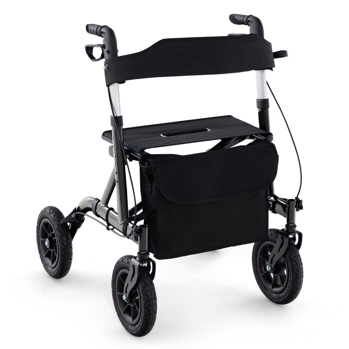 Rollator walker regolabile in altezza con seduta ruota pneumatica da 24 cm borsa portaoggetti, Rollator pieghevole Nero-Salute e bellezza