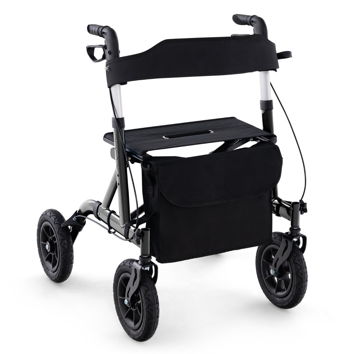 Rollator walker regolabile in altezza con seduta ruota pneumatica da 24 cm borsa portaoggetti, Rollator pieghevole Nero-Salute e bellezza