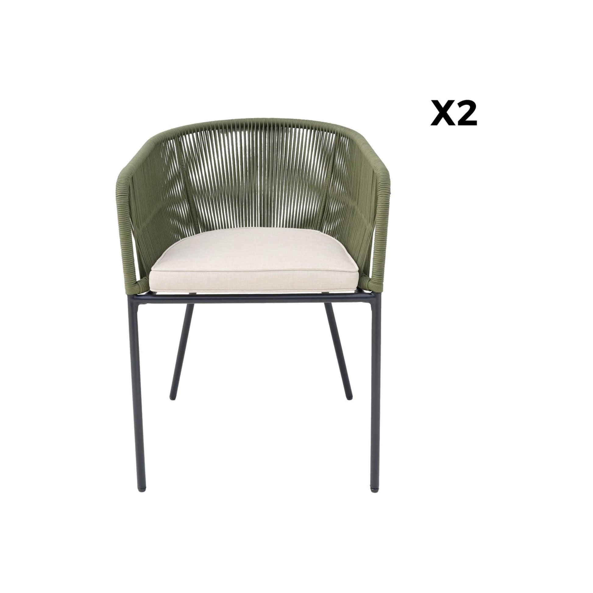 Poltrona da giardino in corda e acciaio zincato, set di 2, verde kaki