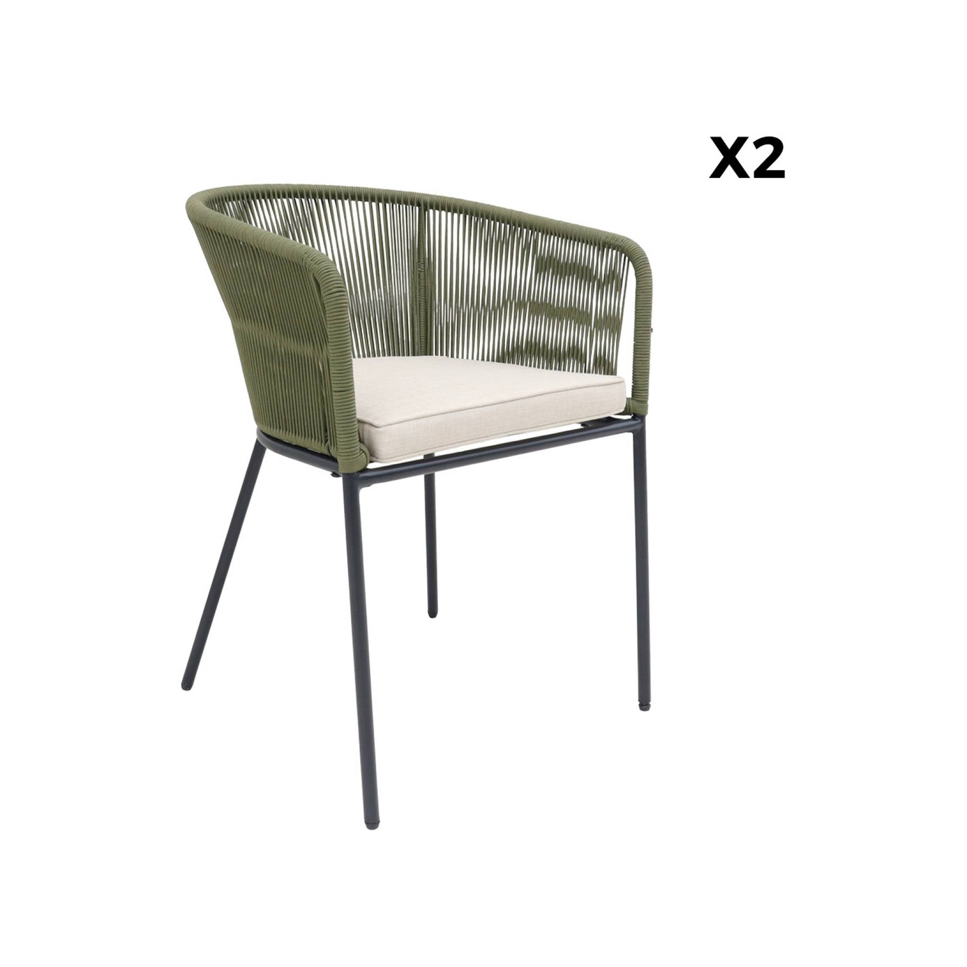 Poltrona da giardino in corda e acciaio zincato, set di 2, verde kaki