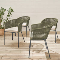 Set di 4 poltrona da giardino in corda e acciaio zincato, verde kaki