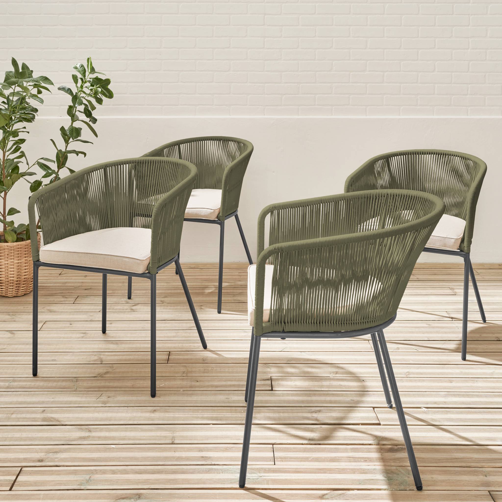 Set di 4 poltrona da giardino in corda e acciaio zincato, verde kaki