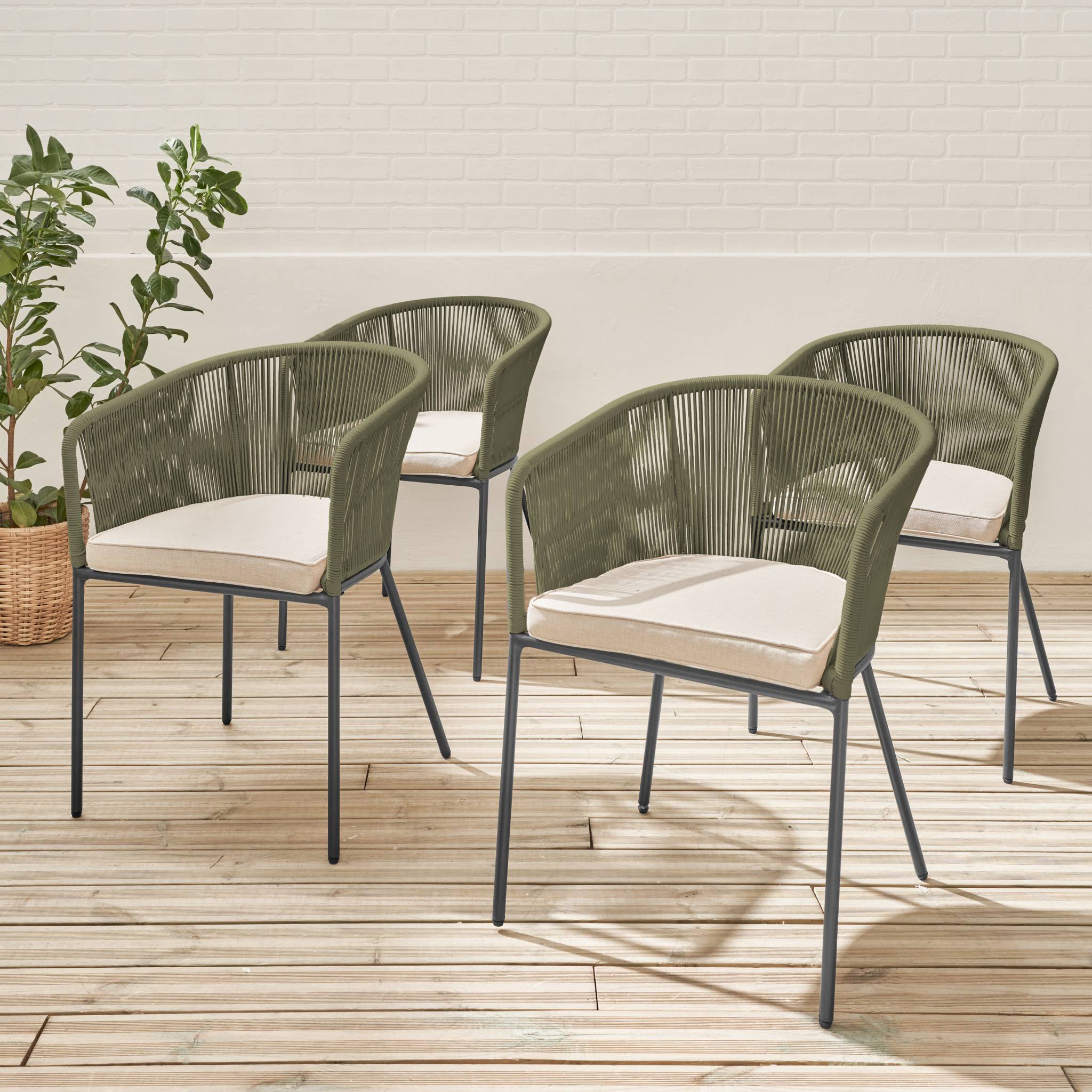 Set di 4 poltrona da giardino in corda e acciaio zincato, verde kaki