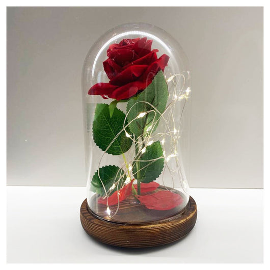 Trade Shop - Rosa Eterna Incantata La Bella E La Bestia In Cupola Con Base Legno E Luci A Led -