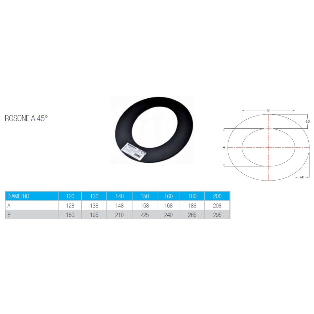 Rosone ellittico a 45 gradi per stufa a legna, diametro 160mm