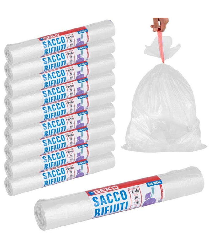 Rotoli Sacchetti Buste Per Spazzatura 115lt 72x105 Chiusura Con Laccetto Bianco         