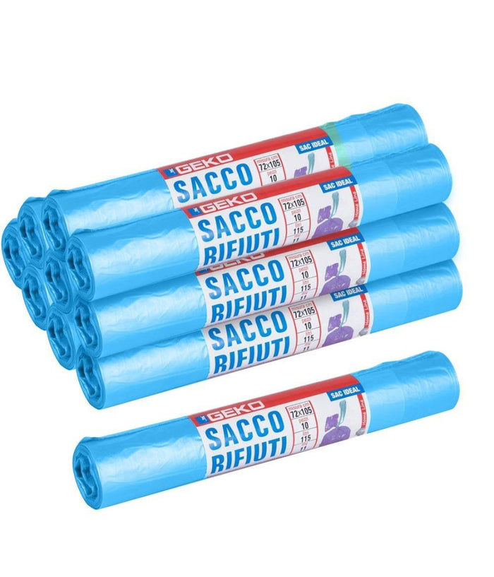 Rotoli Sacchetti Buste Per Spazzatura 115lt 72x105cm Chiusura Con Laccetto Blu         