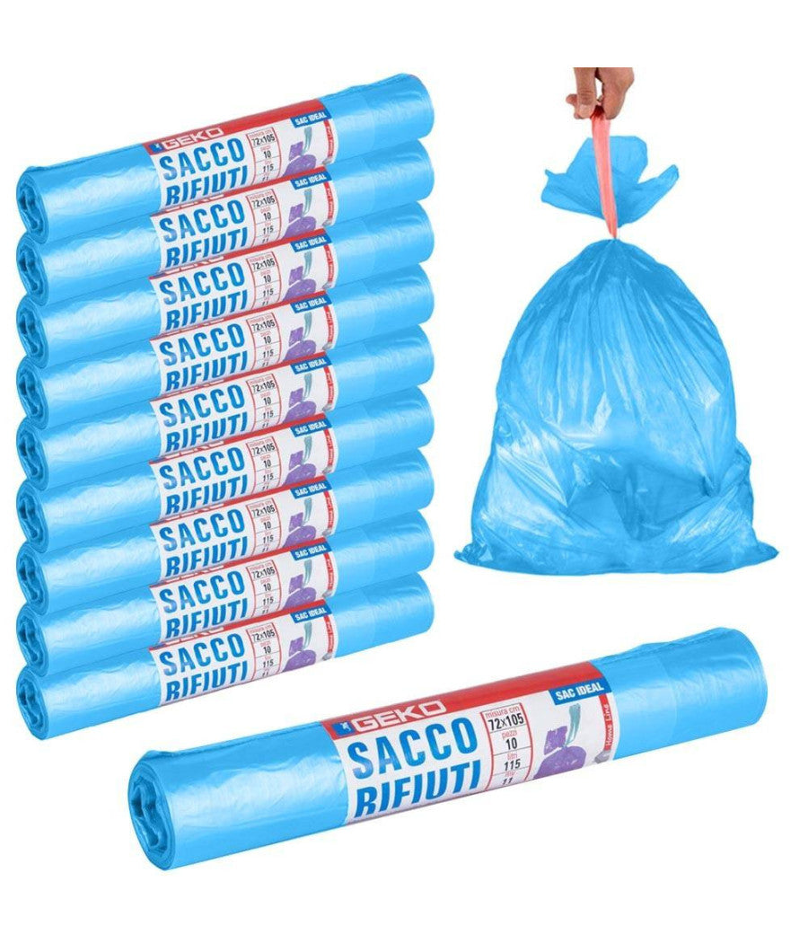 Rotoli Sacchetti Buste Per Spazzatura 115lt 72x105cm Chiusura Con Laccetto Blu         