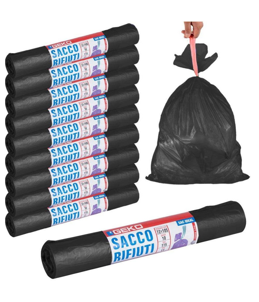 Rotoli Sacchetti Buste Per Spazzatura 115lt 72x105cm Chiusura Con Laccetto Nero         