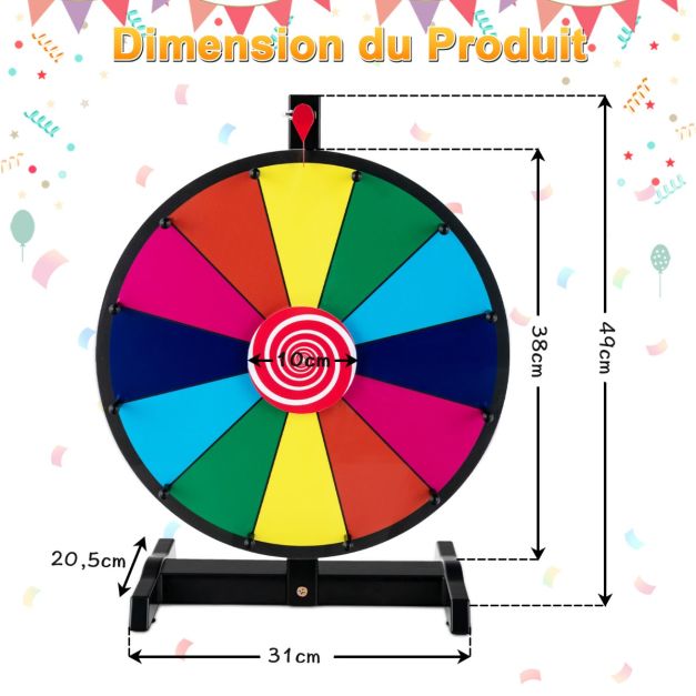Ruota della fortuna 15 pollici (dia.38 cm) - 12 alloggiamenti per ruota dei premi con gomma e pennarello base antiscivolo 20_0009173