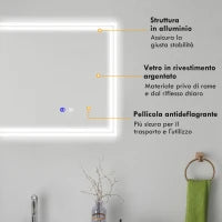 kleankin Specchio Bagno con Luce LED 3 Livelli Rettangolare, Antiappannamento e Interruttore Touch, 90x70cm