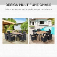 Set Tavolo e Sedie da Giardino 7 Pezzi in PE Rattan e Legno con Cuscini Morbidi, Nero