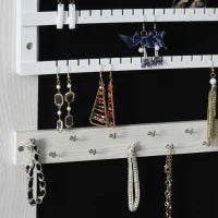 Specchio Portagioie a LED con 4 Scaffali e Spazi Portaoggetti, in Legno e Vetro, 15x15x61.75 cm, Bianco