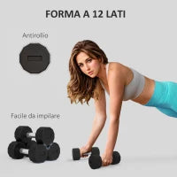 Set 2 Manubri a 12 Lati da 5 kg in Metallo e Gomma con Impugnatura Antiscivolo, 25x9.5x9.5 cm, Nero