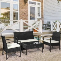 Set da Giardino 4 Pezzi in Rattan PE con Tavolino da Giardino, 2 Poltroncine e Divano 2 posti, Nero e Crema