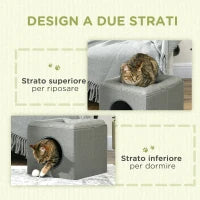 Casetta per Gatti a 2 Livelli con Cuscino in Peluche, in Legno, Poliestere e Plastica, 36.5x36.5x33 cm, Verde