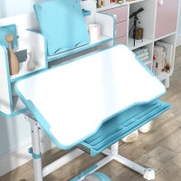 Set Scrivania e Sedia per Bambini Regolabili, Banco Scuola con Piano Inclinabile, Cassetto, Scaffale, Blu