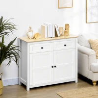Credenza Mobile da Stoccaggio con 2 Cassetti e 2 Porte con Mensola Regolabile in Altezza, 100 x 40 x 85 cm, Bianco e Effetto Legno