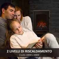 Camino Elettrico con Fiamma Realistica e Temperatura Regolabile, Riscalda 20-25㎡, Acciaio Nero e Vetro Temperato