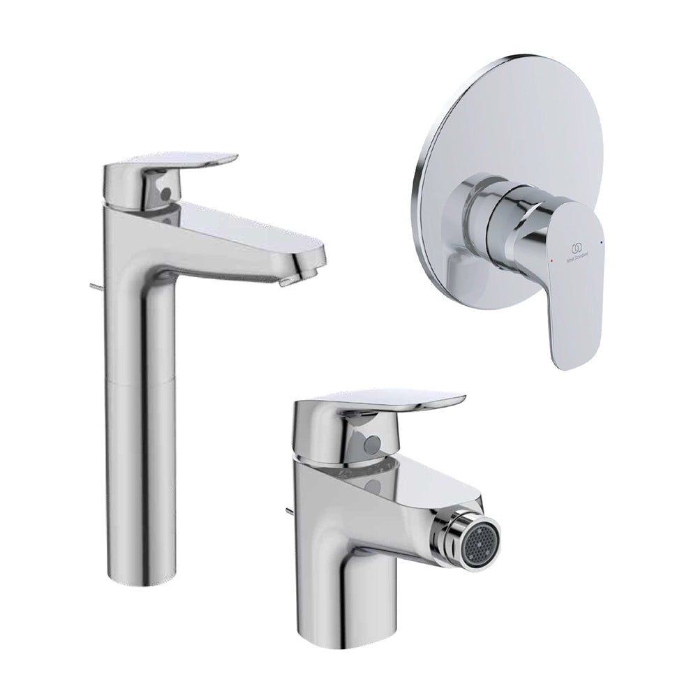 Ideal Standard set miscelatori lavabo alto, bidet scarico automatico e incasso doccia 1 via cromato mod. Ceraflex