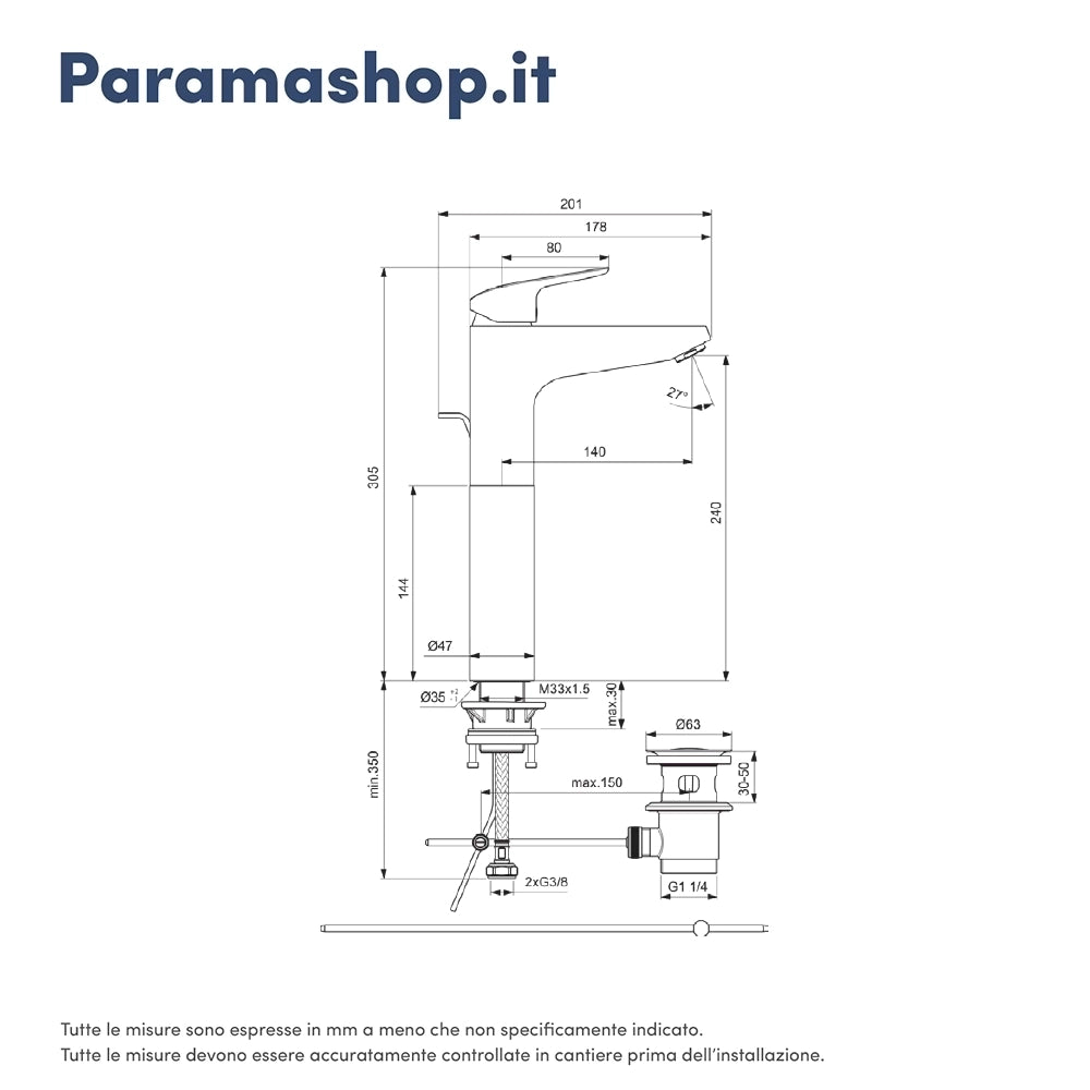 Ideal Standard set miscelatori lavabo alto, bidet scarico automatico e incasso doccia 1 via cromato mod. Ceraflex