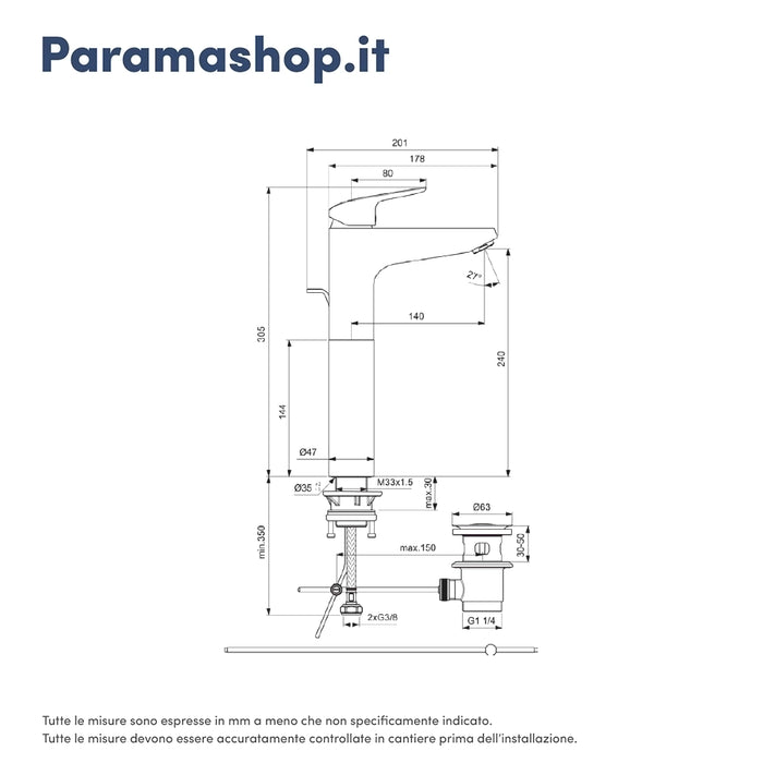 Ideal Standard coppia miscelatori lavabo alto e bidet scarico automatico cromato mod. Ceraflex