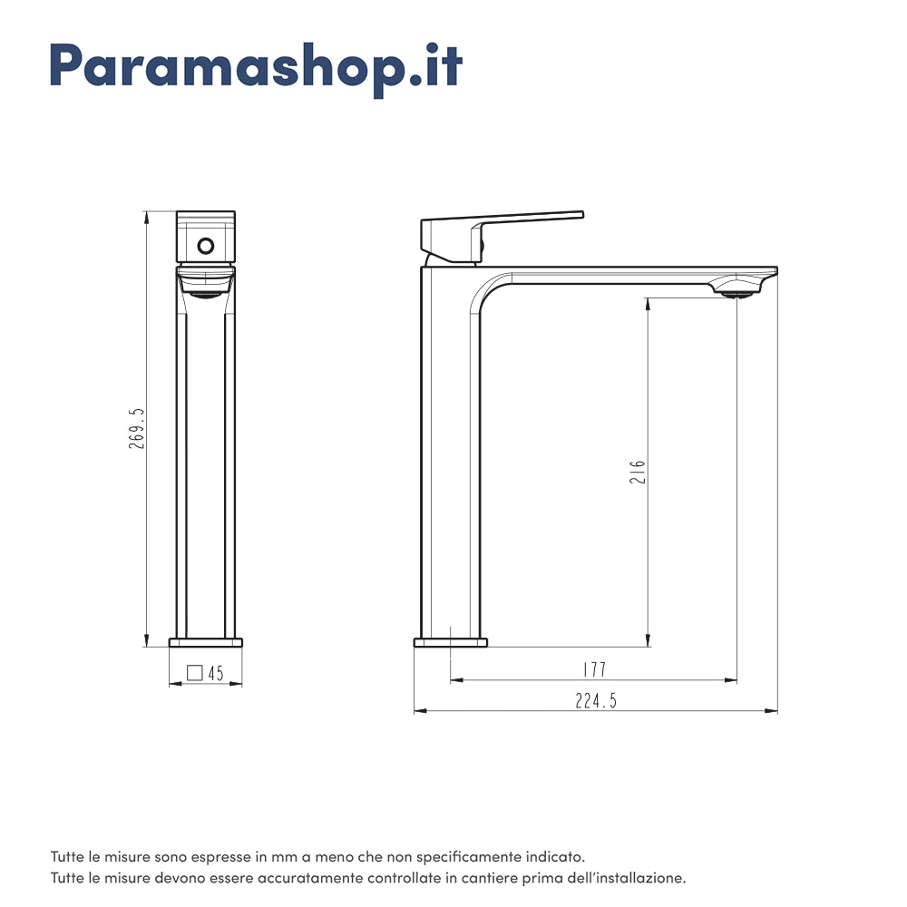 Miscelatore lavabo alto senza scarico slim cromato | Ingrid