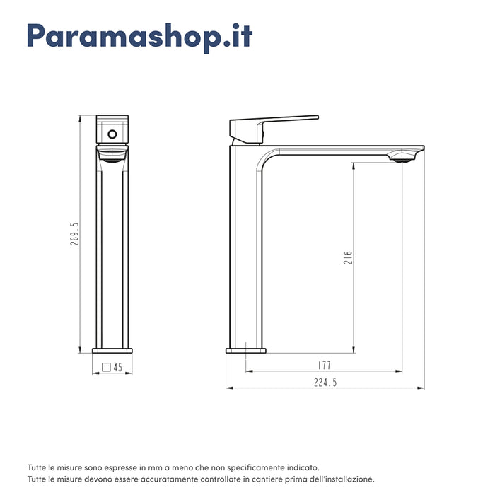 Miscelatore lavabo alto senza scarico slim cromato | Ingrid