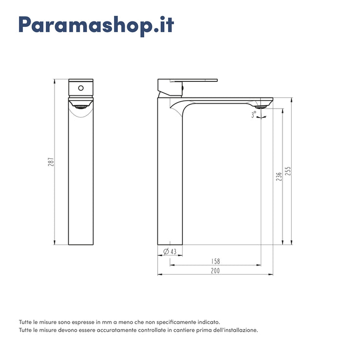 Miscelatore lavabo alto senza scarico nero opaco | Kerry