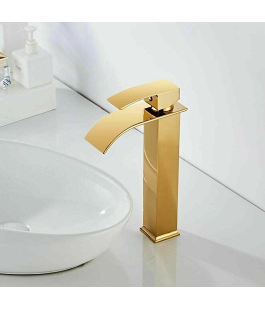 Rubinetto Alto Da Bagno Design Moderno A Cascata Miscelatore Monocomando Dorato         