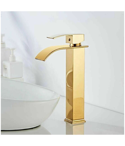 Rubinetto Alto Da Bagno Design Moderno A Cascata Miscelatore Monocomando Dorato         