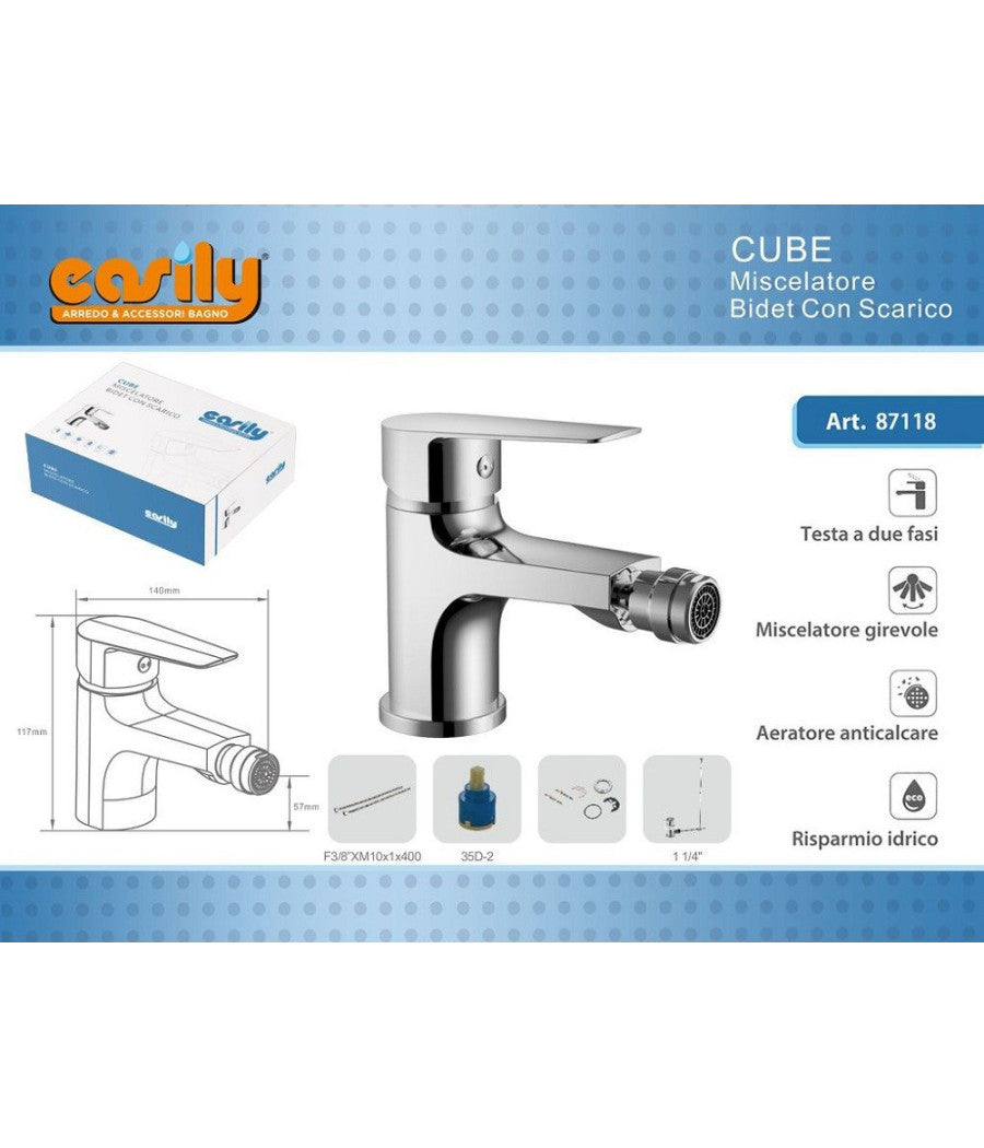 Rubinetto Bidet Miscelatore Monocomando Design Moderno Cromato Classic Cube87118         
