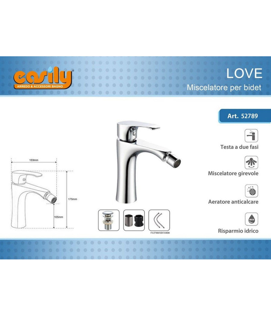 Rubinetto Bidet Miscelatore Monocomando Design Moderno Cromato Classic Love52789         