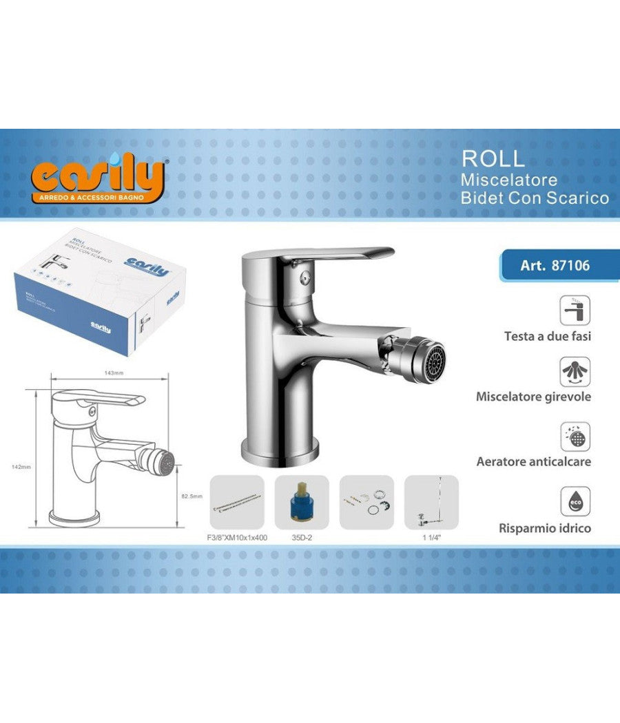Rubinetto Bidet Miscelatore Monocomando Design Moderno Cromato Classic Roll87106         