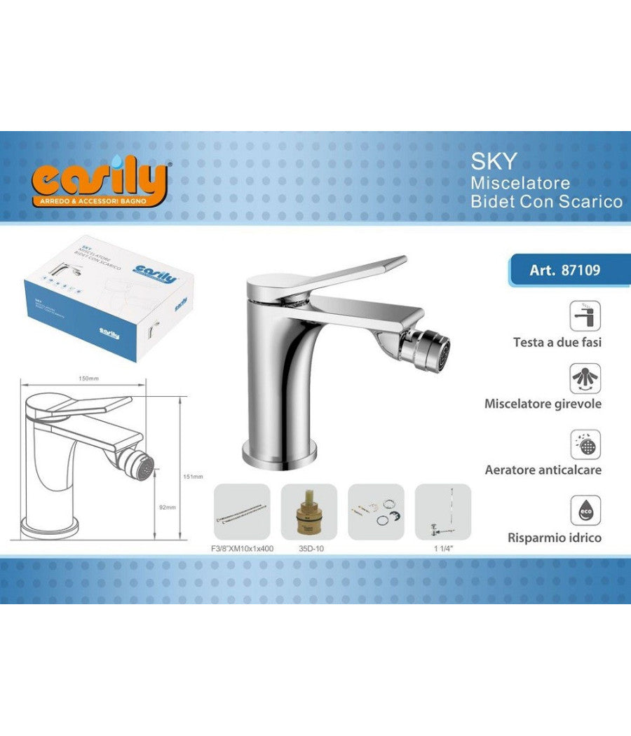 Rubinetto Bidet Miscelatore Monocomando Design Moderno Cromato Classic Sky87109         