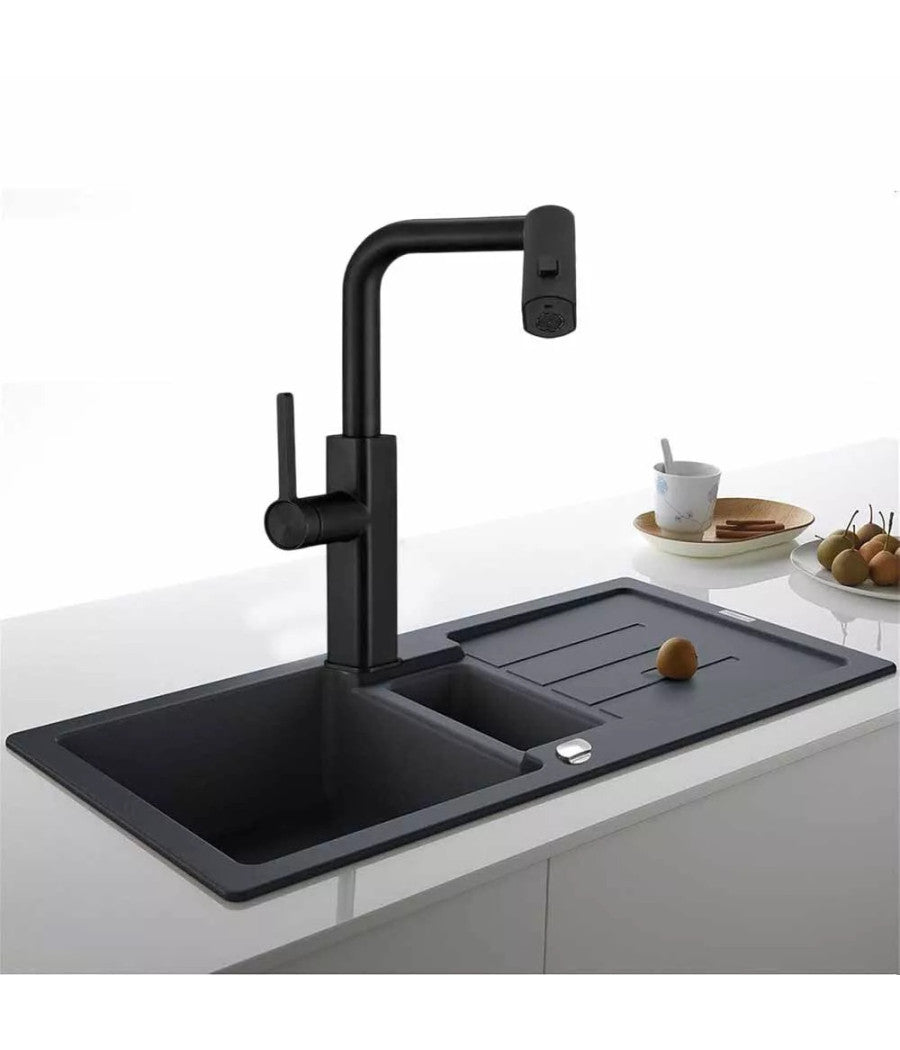 Rubinetto Cucina Estraibile Con Erogatore Girevole 2 Getti Miscelatore Nero 87256         