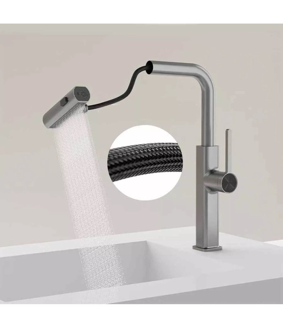 Rubinetto Cucina Estraibile Erogatore Girevole 2 Getti Cromato Miscelatore 87255         