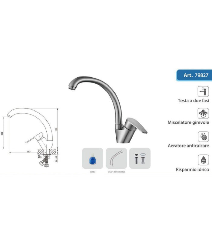 Rubinetto Cucina Lavello Monoforo Miscelatore Orientabile Cromato Satinato 79827         