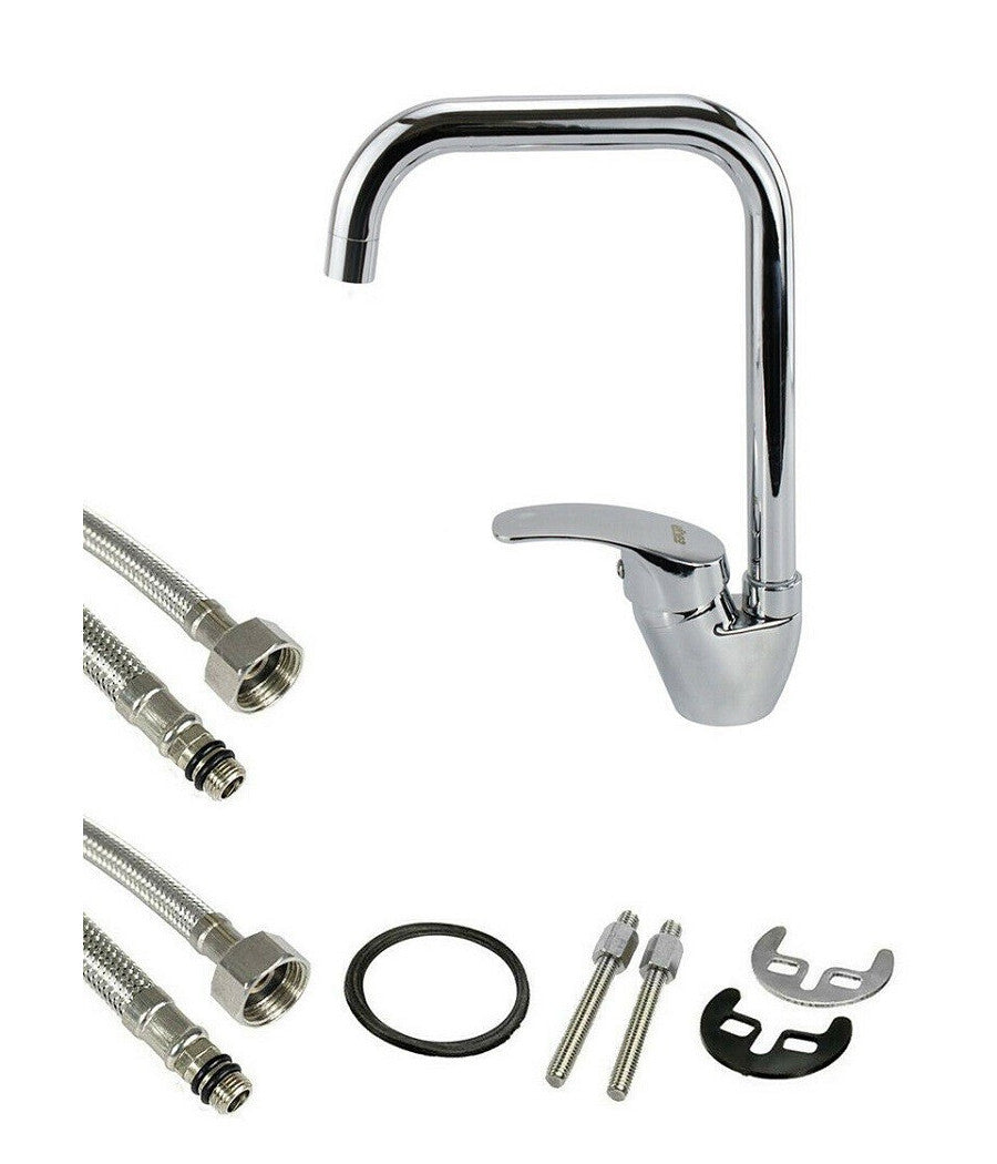 Rubinetto Cucina Miscelatore Lavandino Canna Alta Quadrata Ottone Cromato 69140         