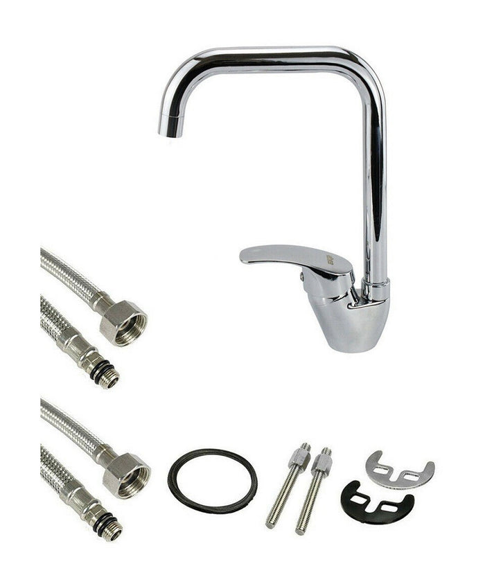 Rubinetto Cucina Miscelatore Lavandino Canna Alta Quadrata Ottone Cromato 69140         