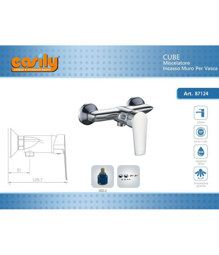 Rubinetto Incasso Parete Per Vasca Tubo Flessibile Doccetta Miscelatore Cube87124         