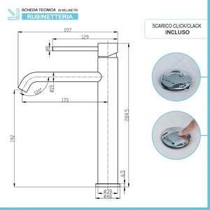 Rubinetto lavabo alto in acciaio inox con scarico click clack Nuego