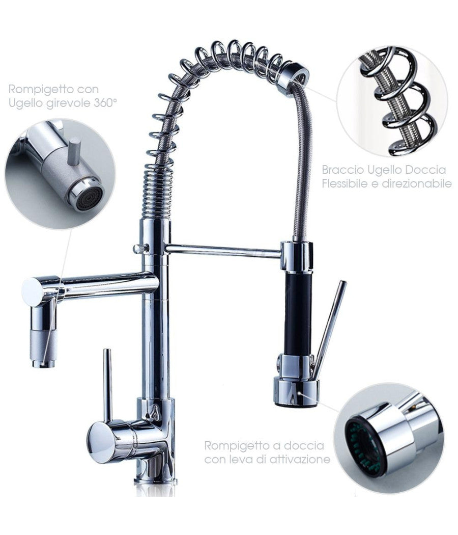 Rubinetto Lavabo Cucina Canna Alta Doppio Miscelatore Monocomando Estraibile         